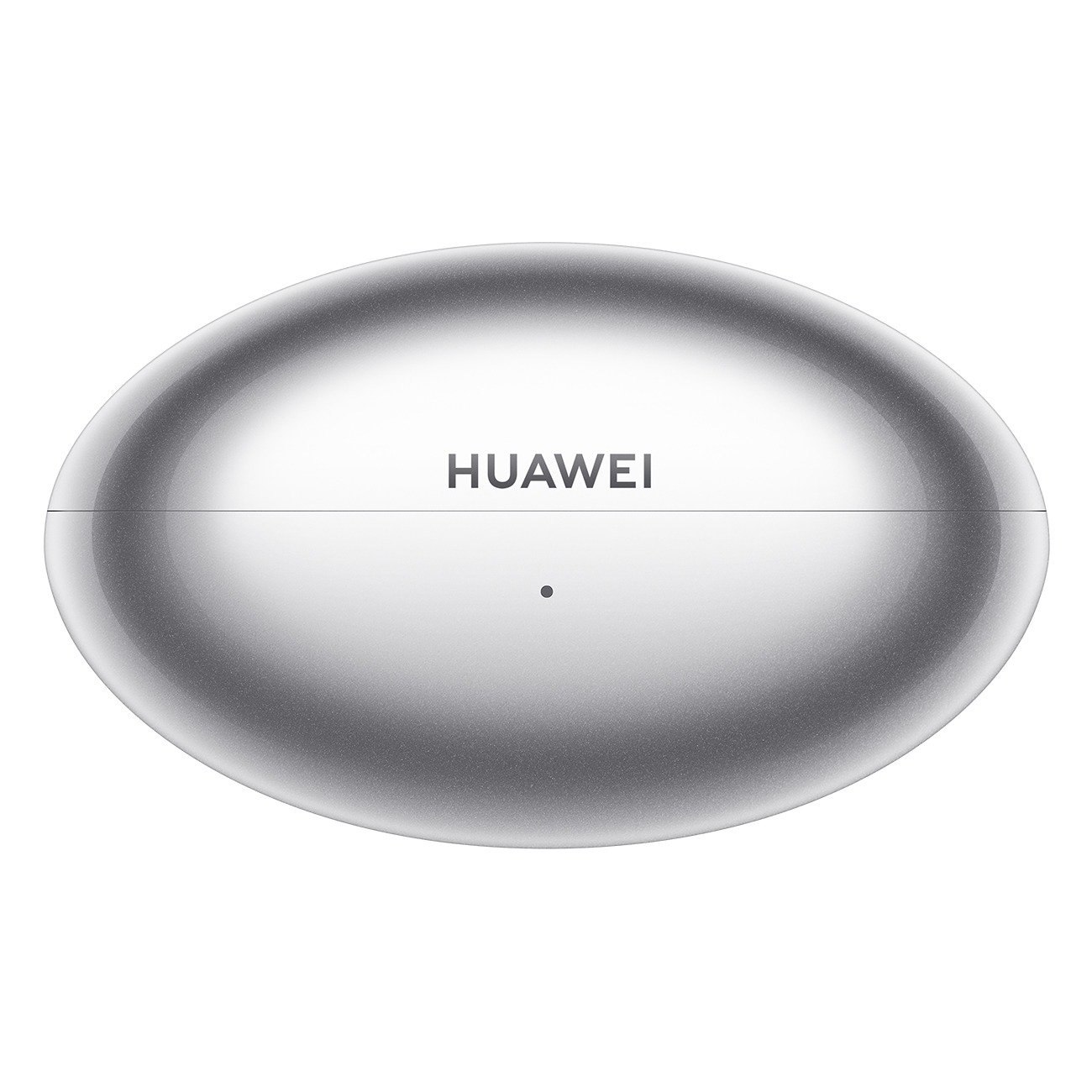 Ovale, silberne Huawei Kopfhörerhülle mit LED-Anzeige auf weißem Hintergrund.