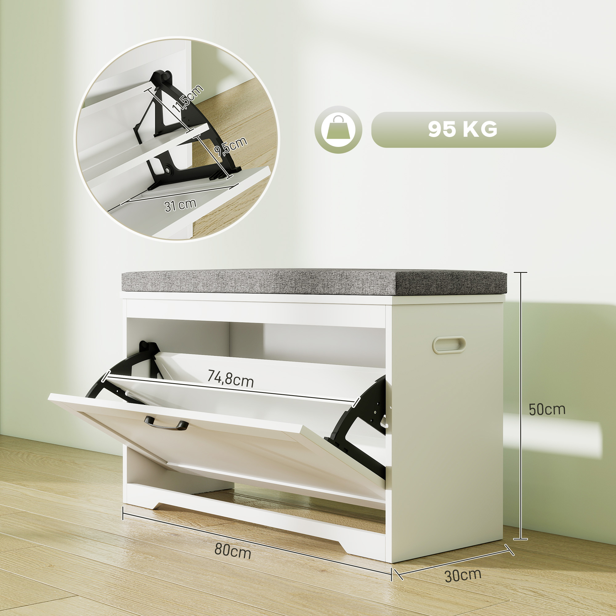 Banco zapatero blanco con cojín gris, compartimentos abiertos y dimensiones de 80x30x50 cm, soporta hasta 95 kg.