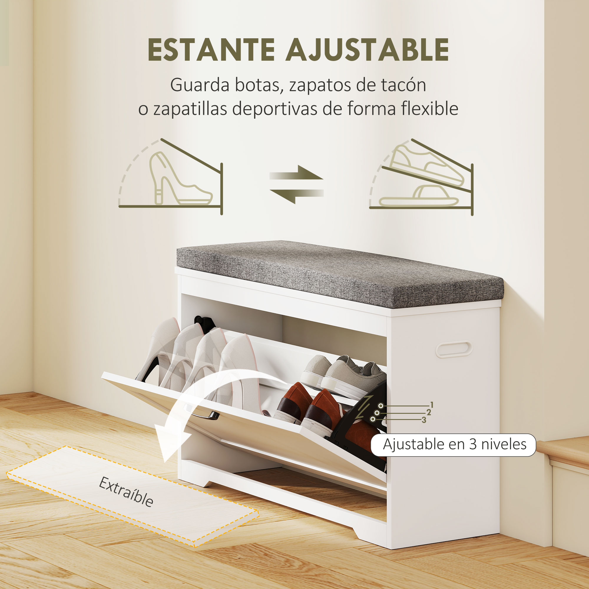 Banco zapatero blanco con cojín gris y estantes ajustables en 3 niveles.