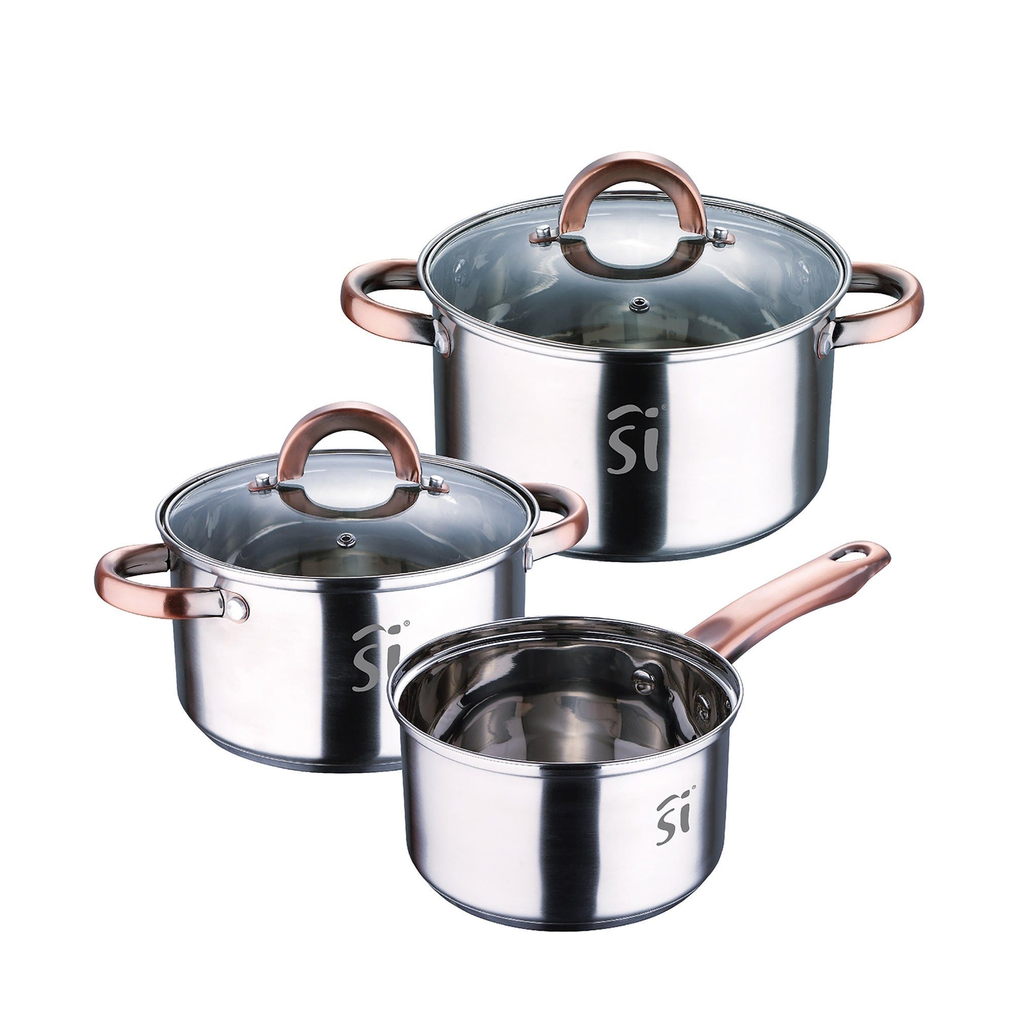 Tres ollas de acero inoxidable y un cazo con asas brillantes de color cobre y tapas de vidrio.