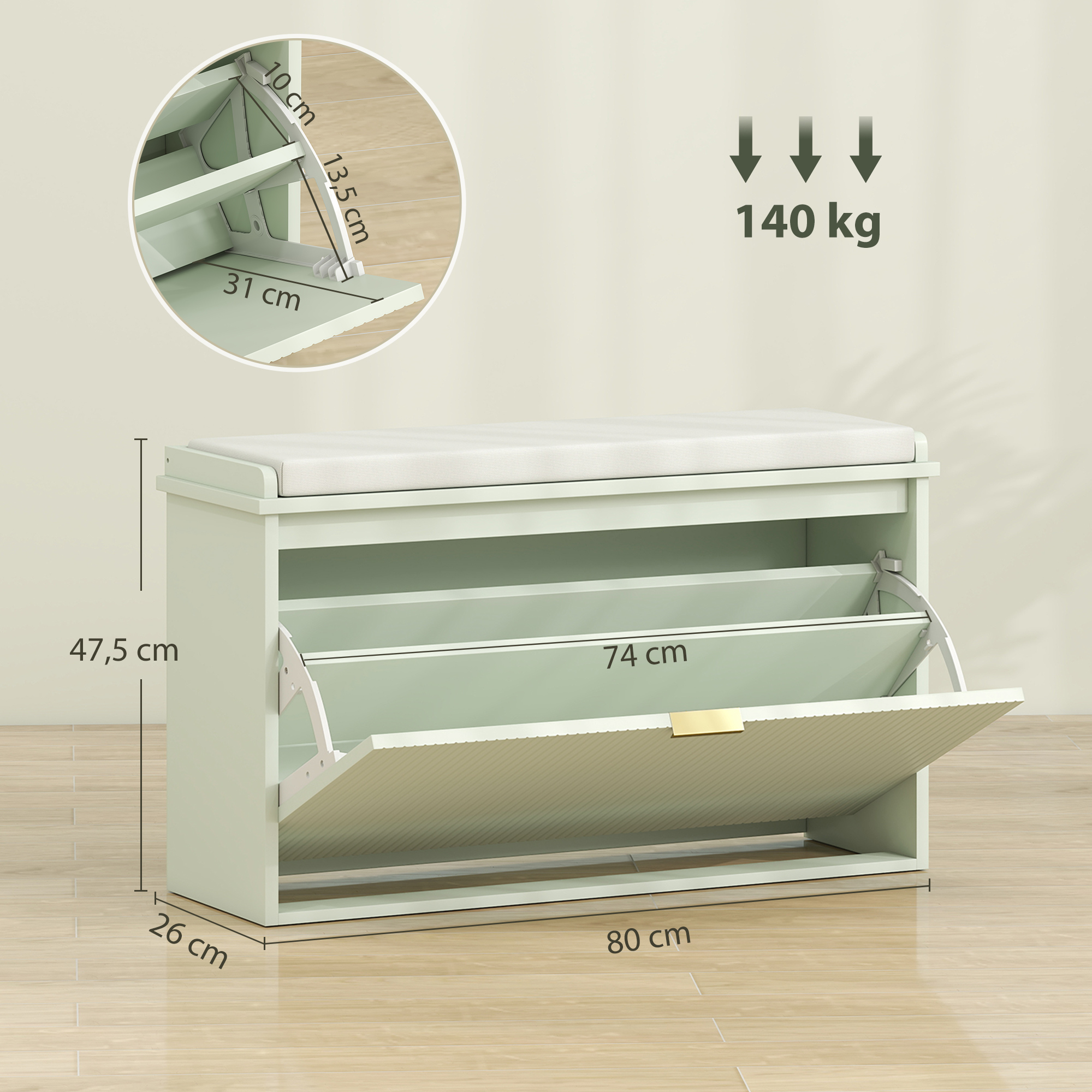 Banco zapatero verde con cojín blanco, compartimentos desplegables, dimensiones y capacidad de peso.