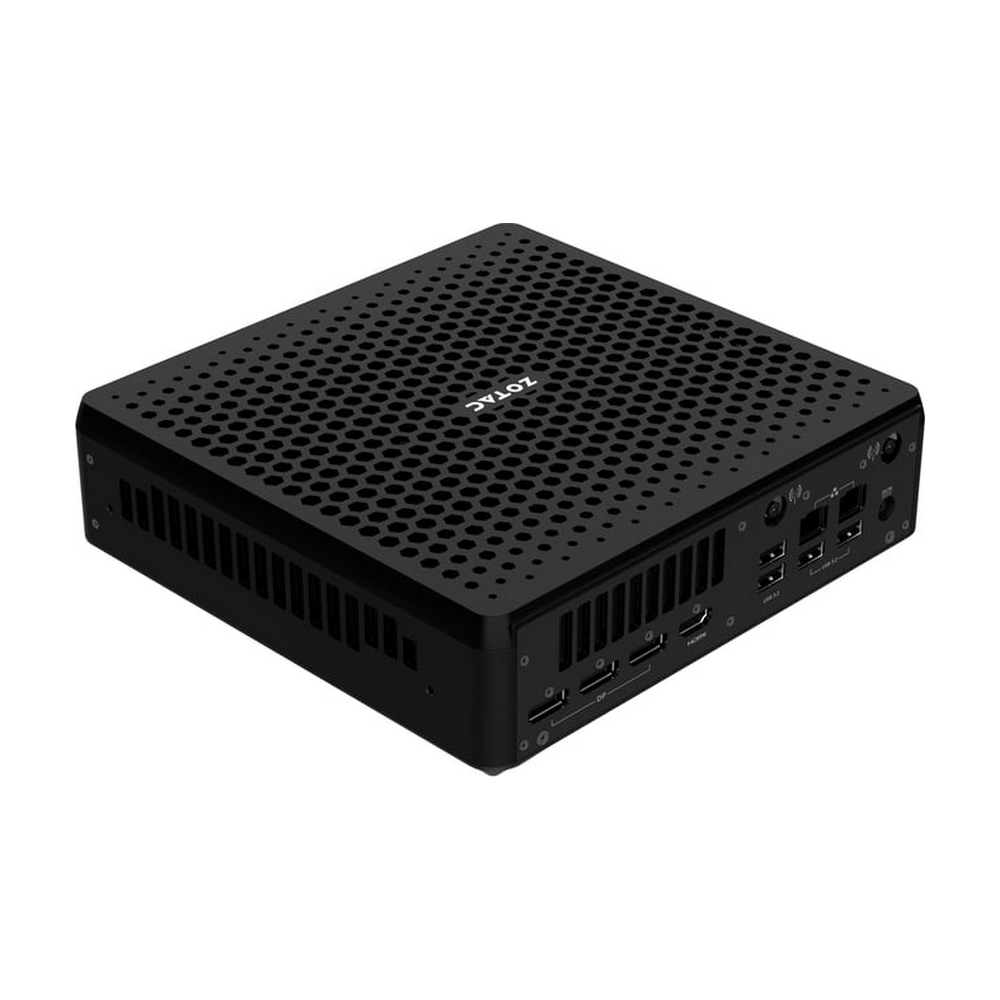 Mini PC Zotac nero con pannello superiore perforato e varie porte sul retro.