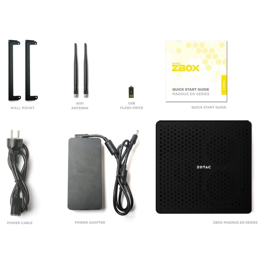 Contenuto del Zotac Zbox Magnus EN: mini PC, alimentatore, cavi, antenne Wi-Fi, chiavetta USB e manuale.