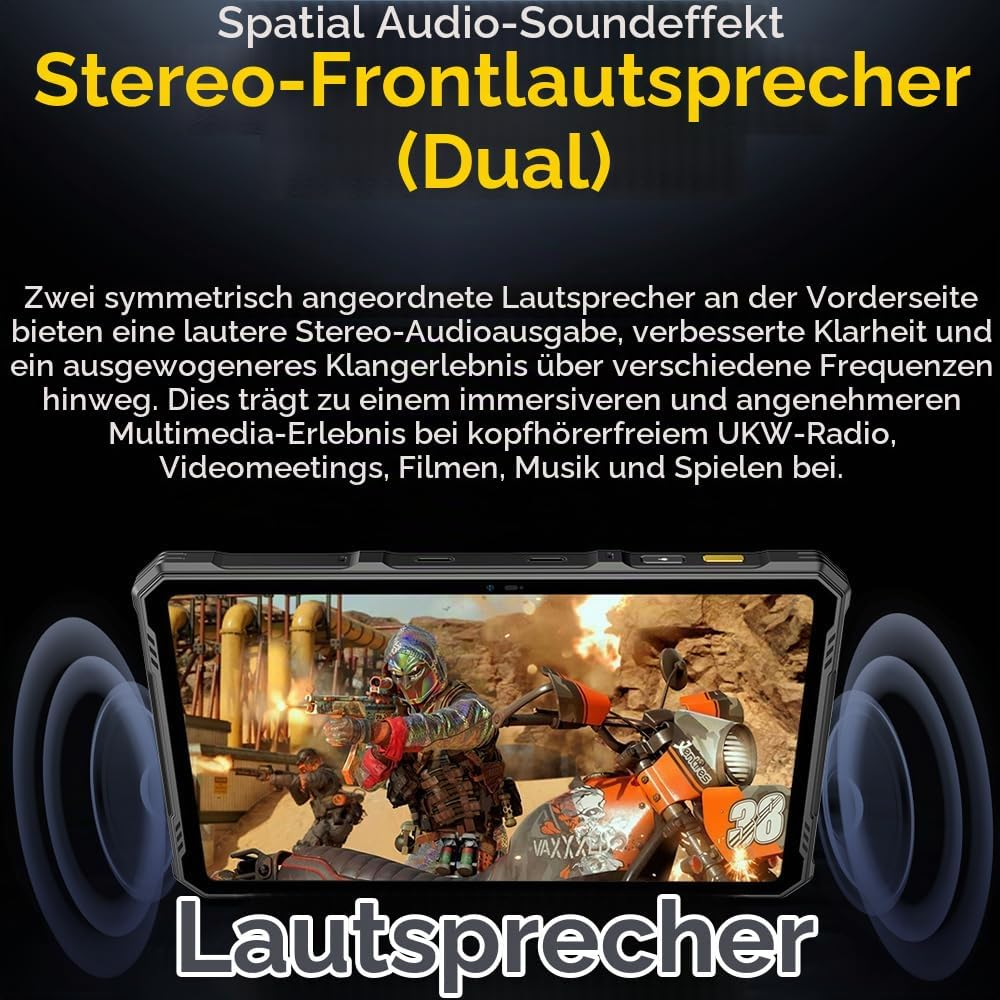 Ein Tablet zeigt ein Actionspiel, flankiert von Schallwellen, um Stereolautsprecher zu bewerben.