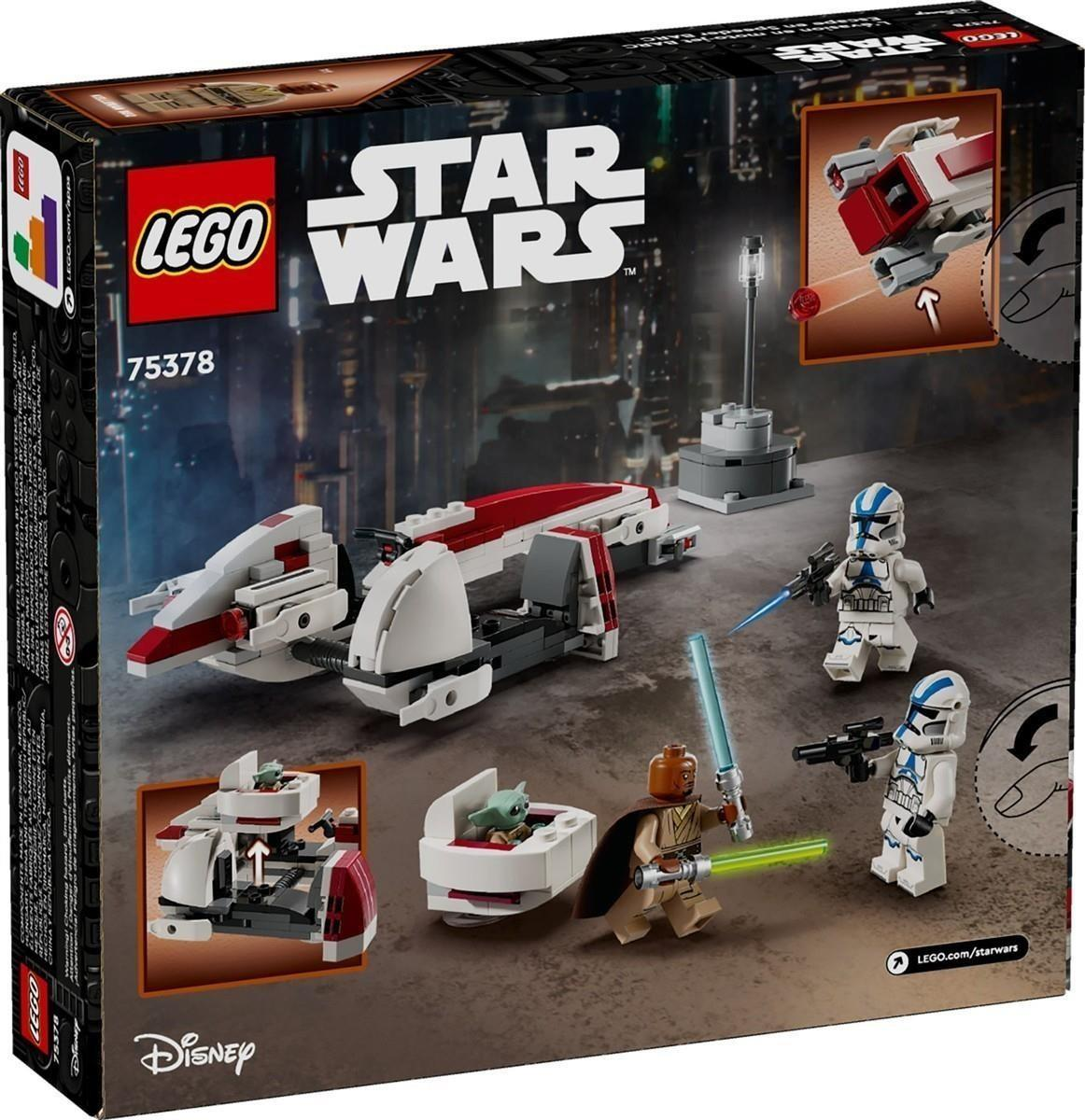 Lego Star Wars Set 75378 mit Speeder-Bike, zwei Klonkriegern, einem Jedi und Grogu-Minifiguren.
