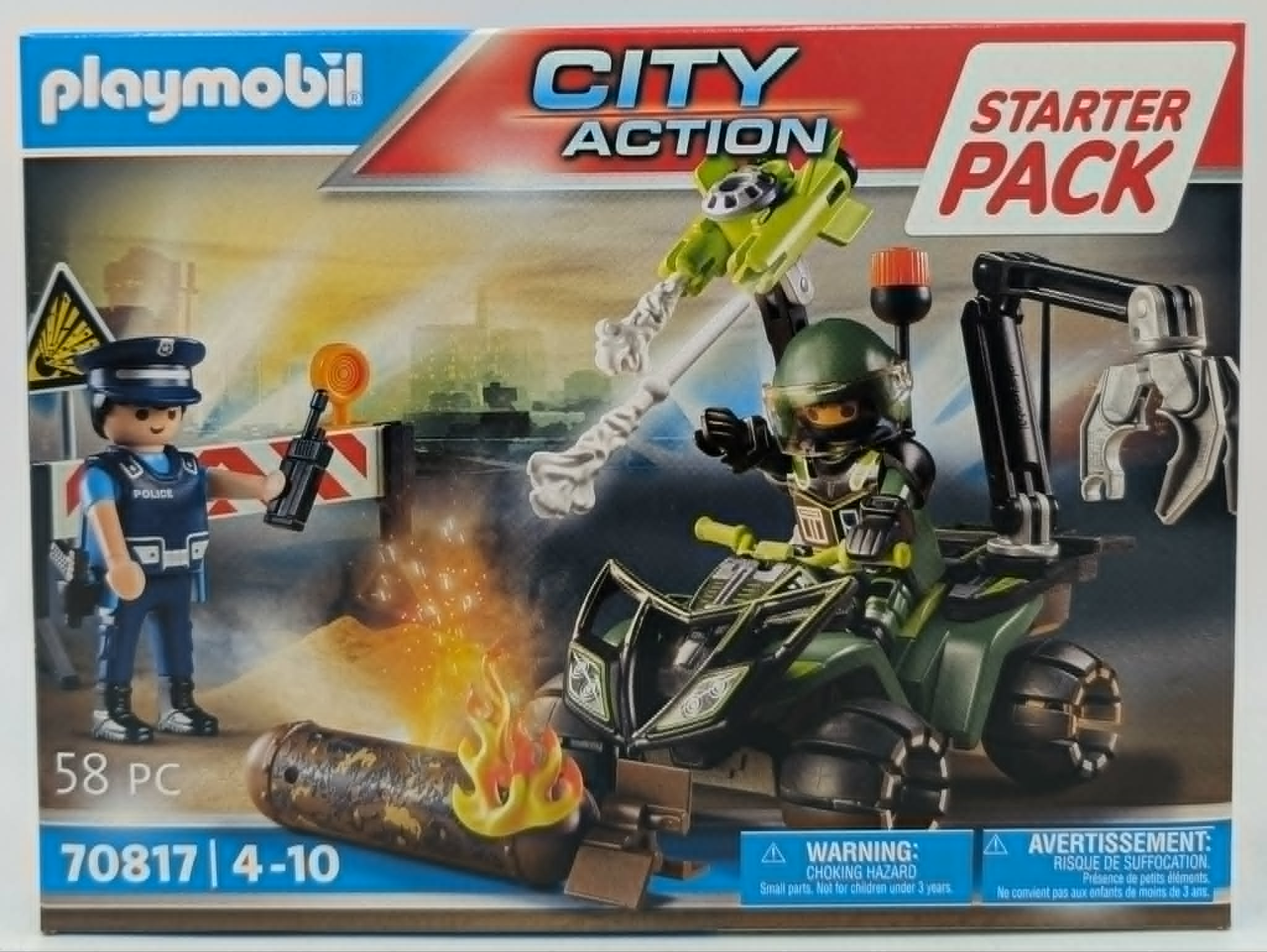 Playmobil City Action Starter Pack 70817 con policía, quad verde, brazo de garra y bidón de petróleo en llamas.