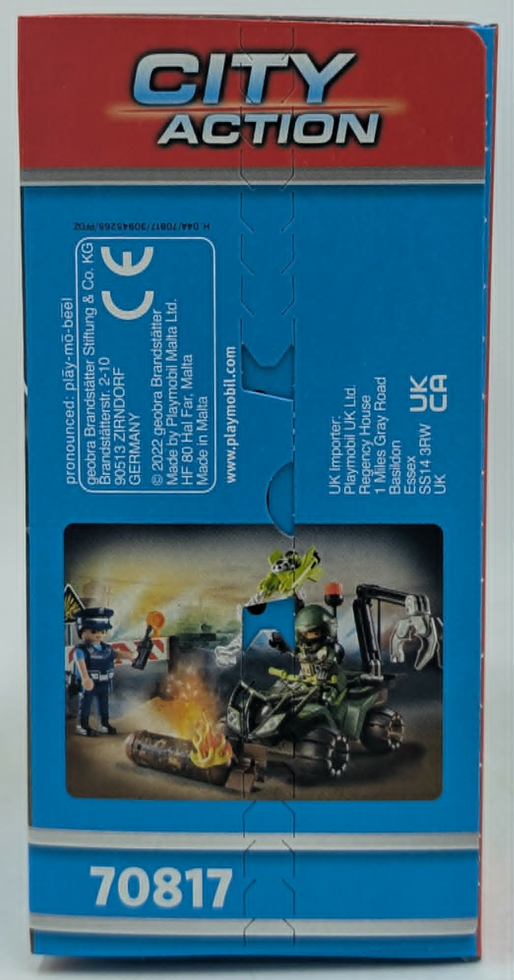 Lado de la caja de Playmobil City Action 70817 con policía, quad con garra y tronco ardiendo.