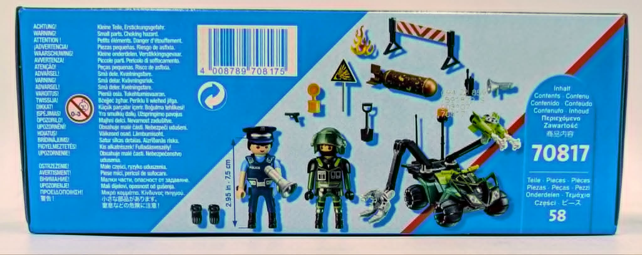 Parte trasera de una caja de juguete con figuras de policía de Playmobil, vehículo y accesorios.