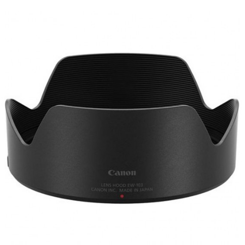 Schwarze Canon EW-103 Gegenlichtblende mit weißem Logo auf weißem Hintergrund.