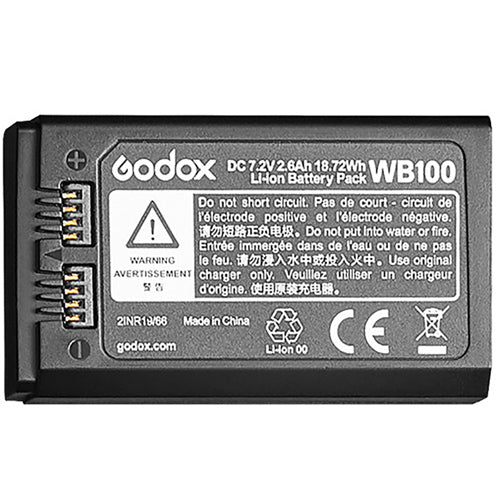 Schwarzer Godox WB100 Li-Ionen-Akku mit Warnhinweisen und technischen Daten.