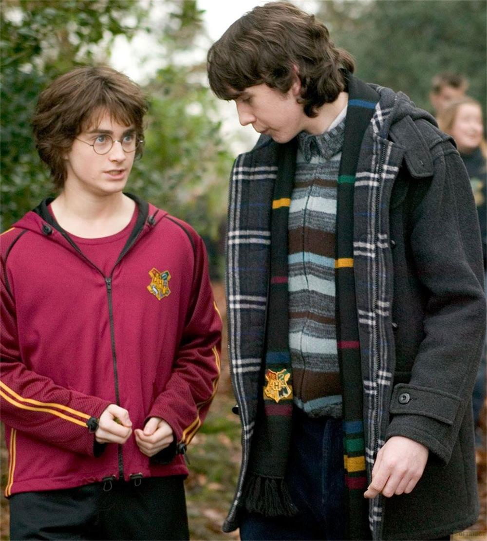 Harry Potter en veste rouge discute en plein air avec Neville Longbottom en manteau sombre.