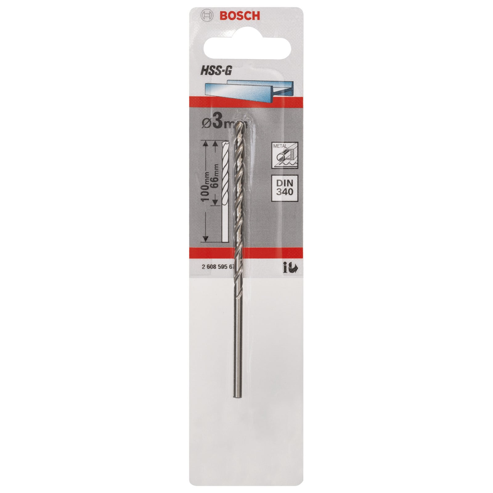Una punta per metallo Bosch HSS-G da 3 mm nella confezione originale con dettagli e misure.