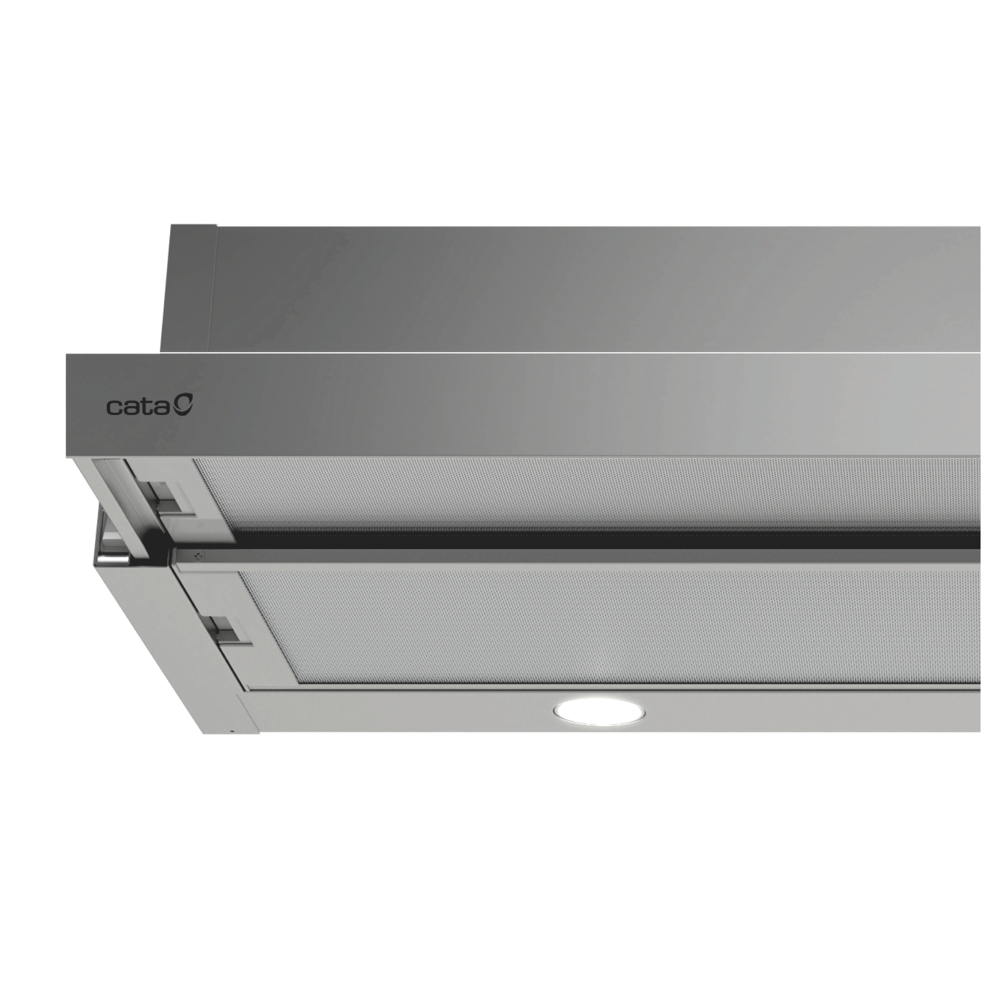 Una campana extractora Cata plateada con visera extraíble e iluminación LED integrada.