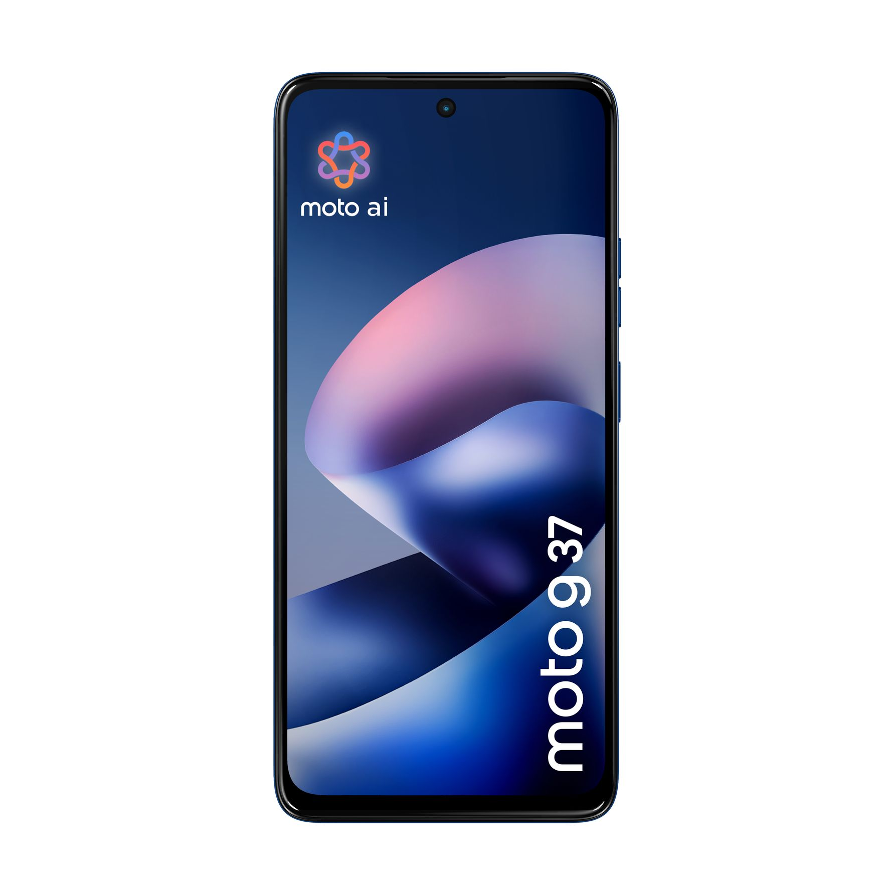 Frontansicht des blauen Smartphones moto g 37 mit moto ai Logo und abstrakten Hintergrund auf dem Bildschirm.