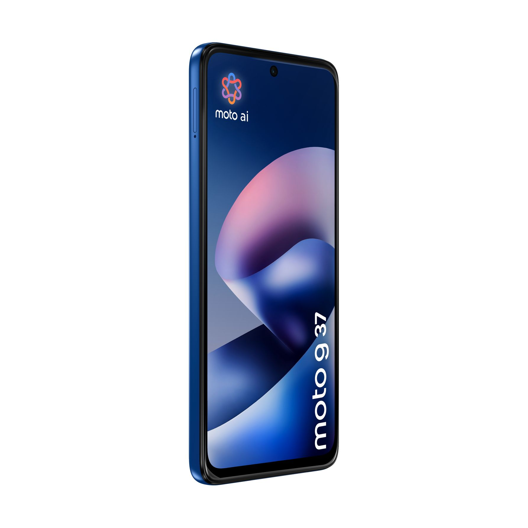 Ein blaues Motorola-Smartphone mit leichtem Winkel und einer Bildschirmgrafik mit 'moto ai' und 'moto g 37'.