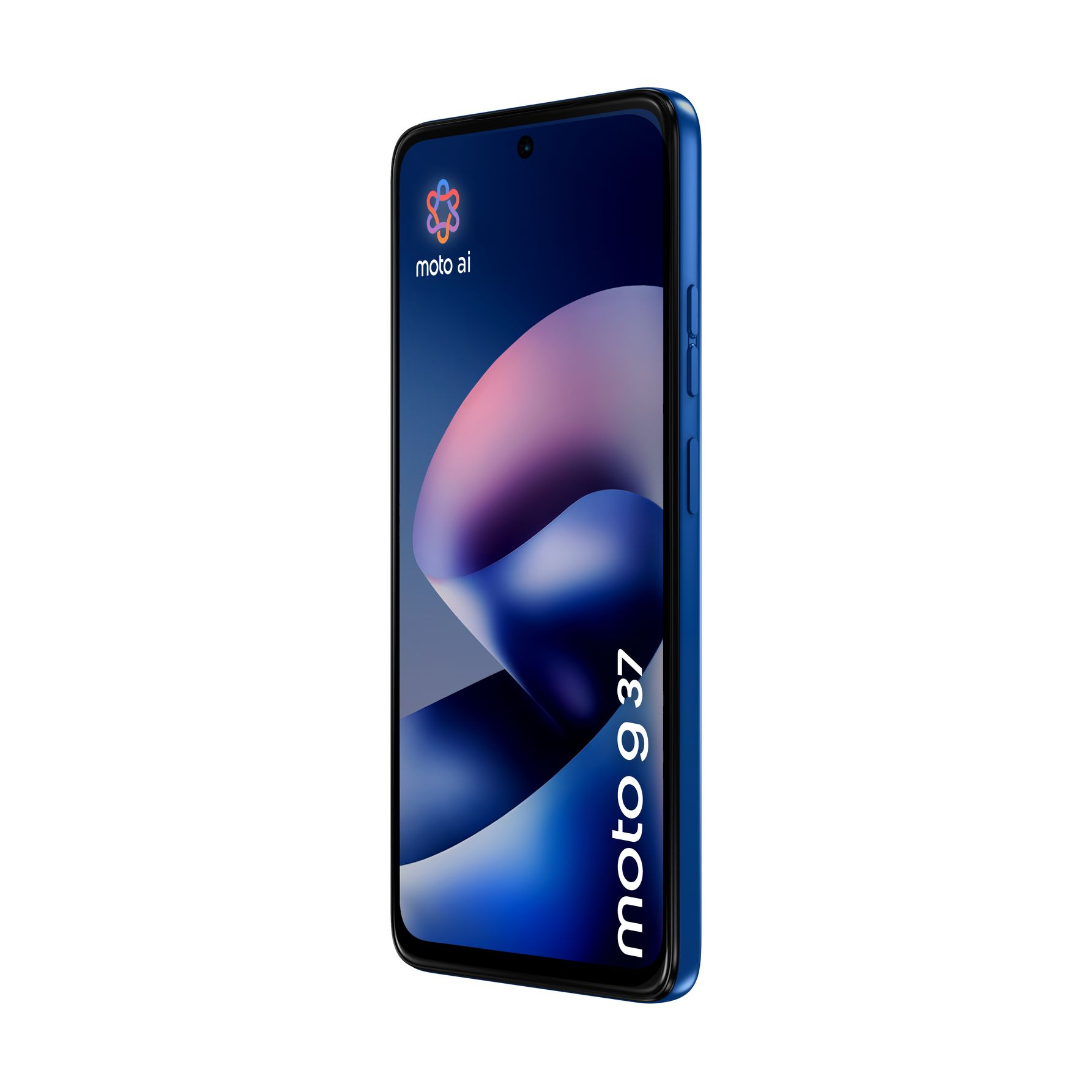 Blaues Moto g 37 Smartphone mit buntem abstrakten Hintergrundbild und moto ai Logo auf weißem Hintergrund.