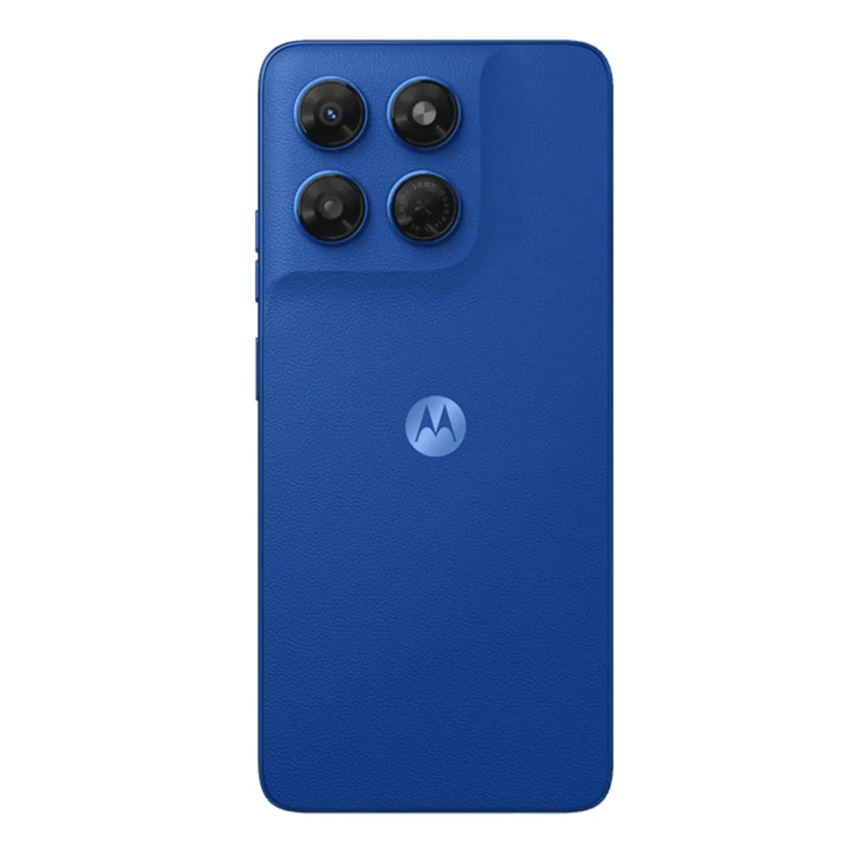 Rückseite eines blauen Smartphones mit vier Kameras und dem Motorola-Logo in der Mitte.