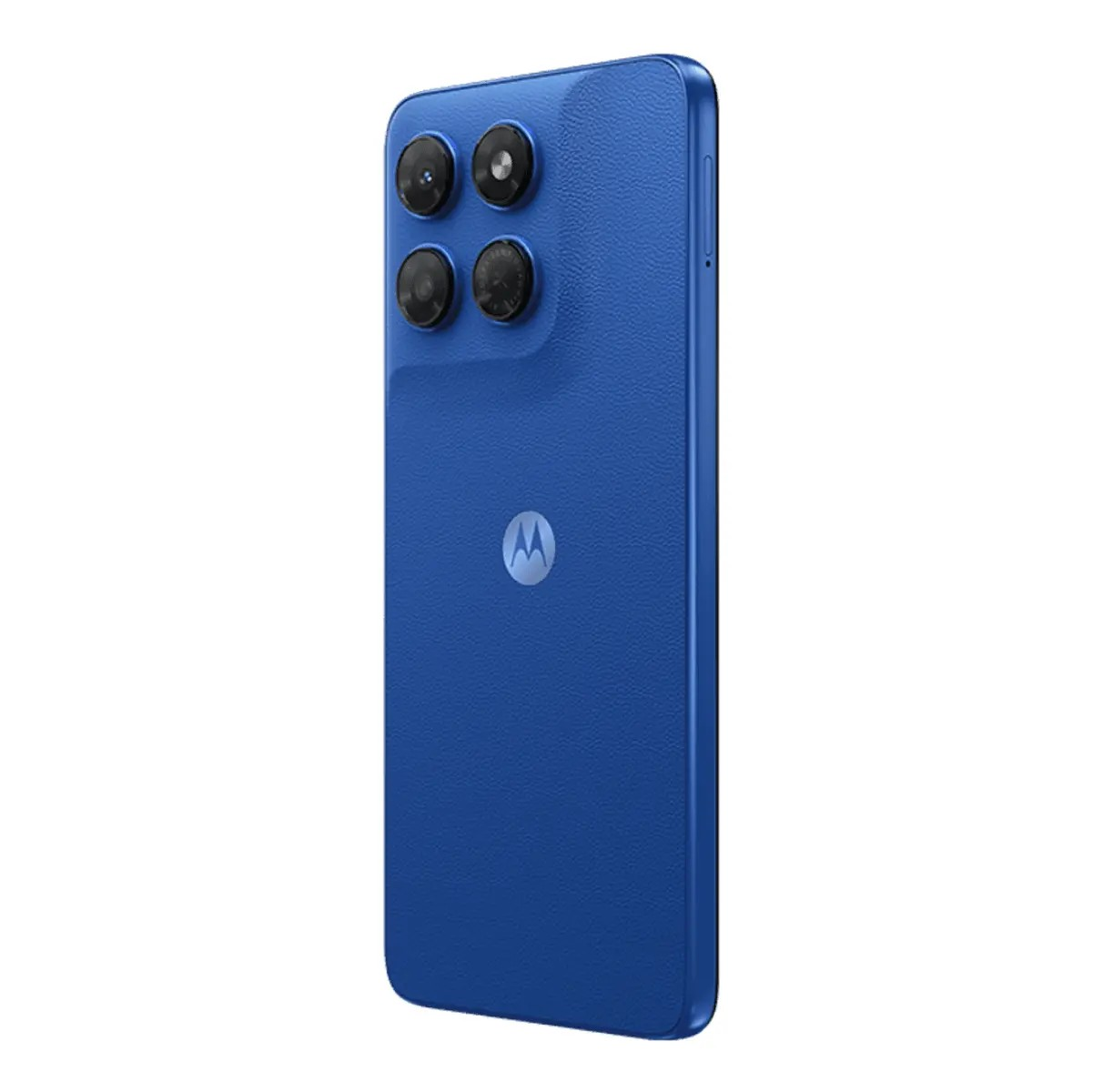 Blaue Rückseite eines Smartphones mit vier Kameraobjektiven und dem Motorola-Logo.