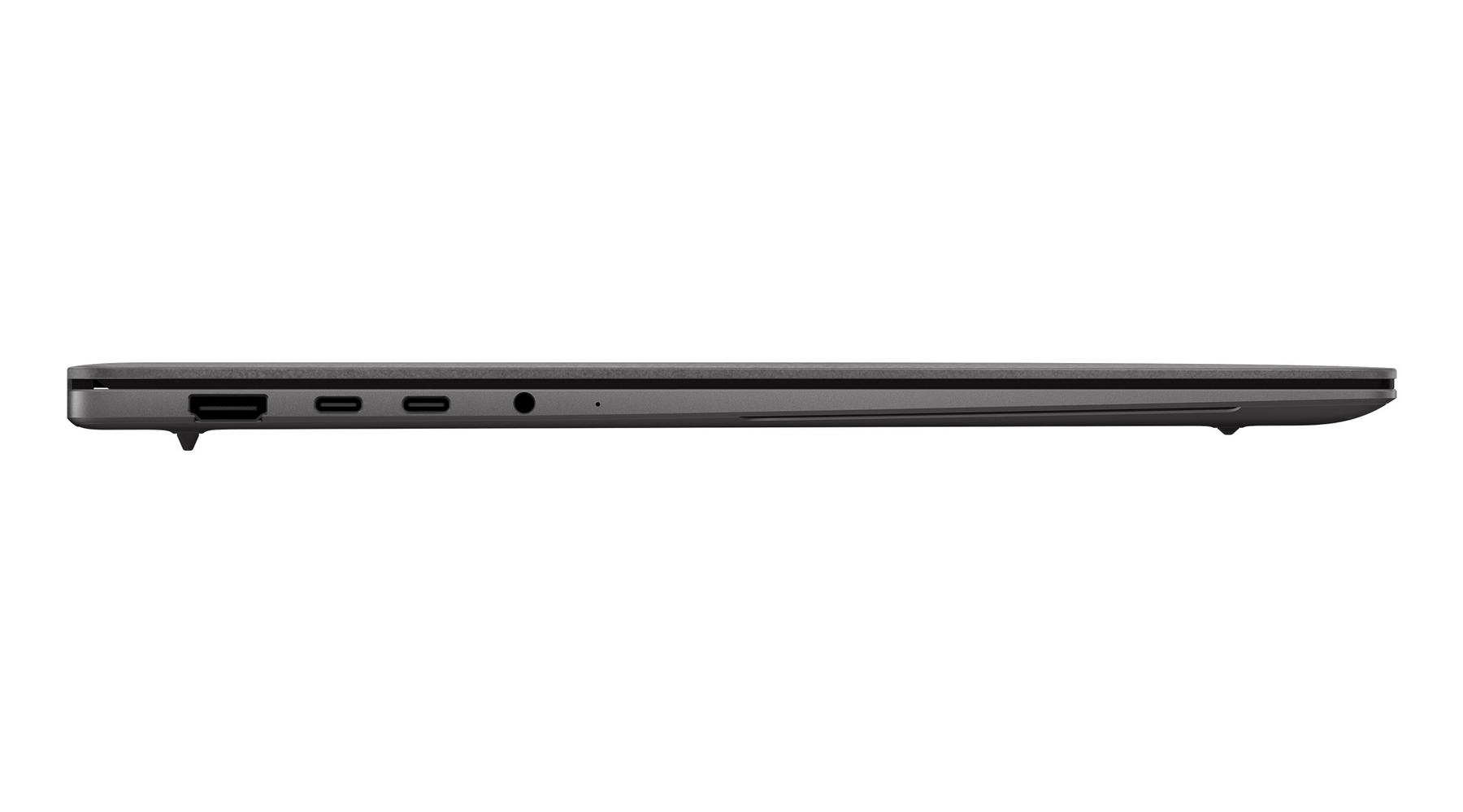 Profilo laterale sinistro di un sottile laptop nero con porte HDMI, USB-C e audio su sfondo bianco.