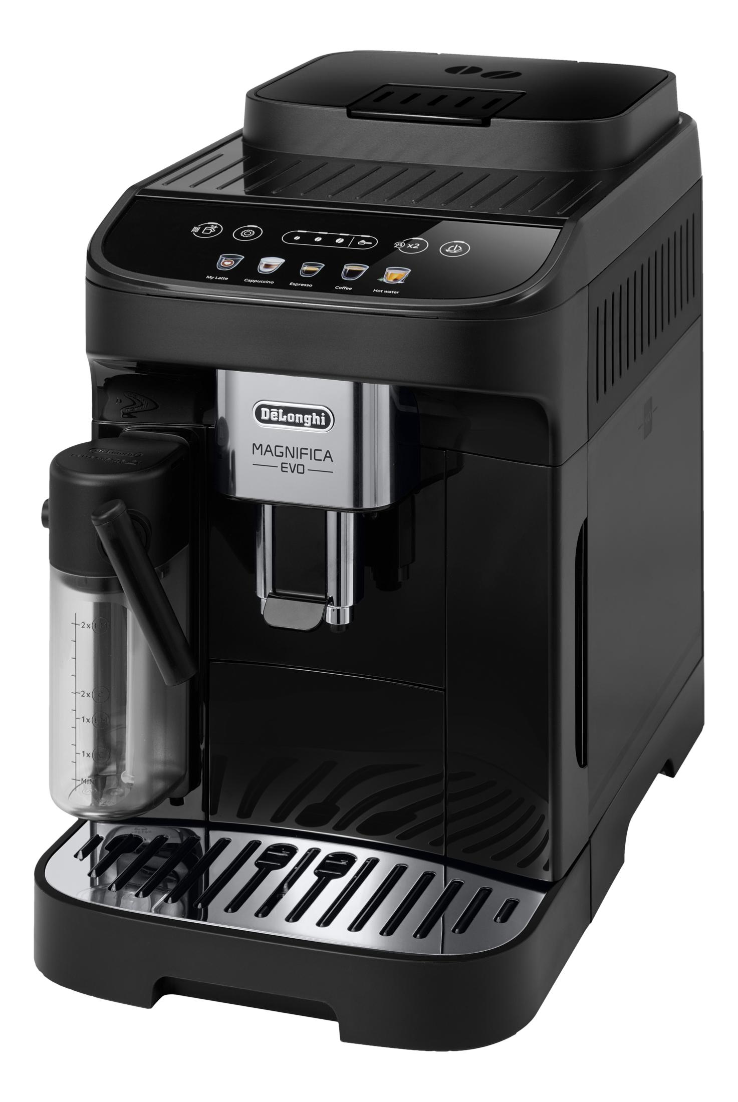 Una macchina da caffè nera DeLonghi Magnifica Evo con montalatte e pannello touch.