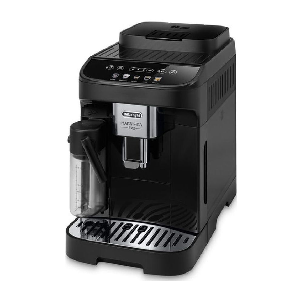 Macchina da caffè nera DeLonghi Magnifica Evo con montalatte integrato e pannello di controllo touch.