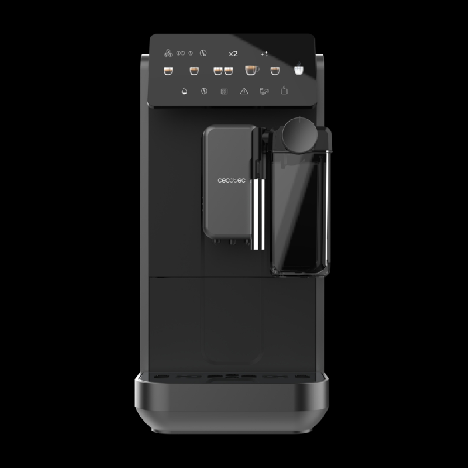 Moderna macchina da caffè nera con pannello touch e caraffa per il latte.