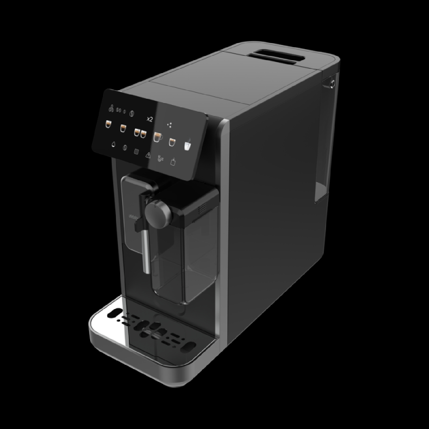 Moderna macchina da caffè nera con pannello touch e contenitore per latte su sfondo nero.
