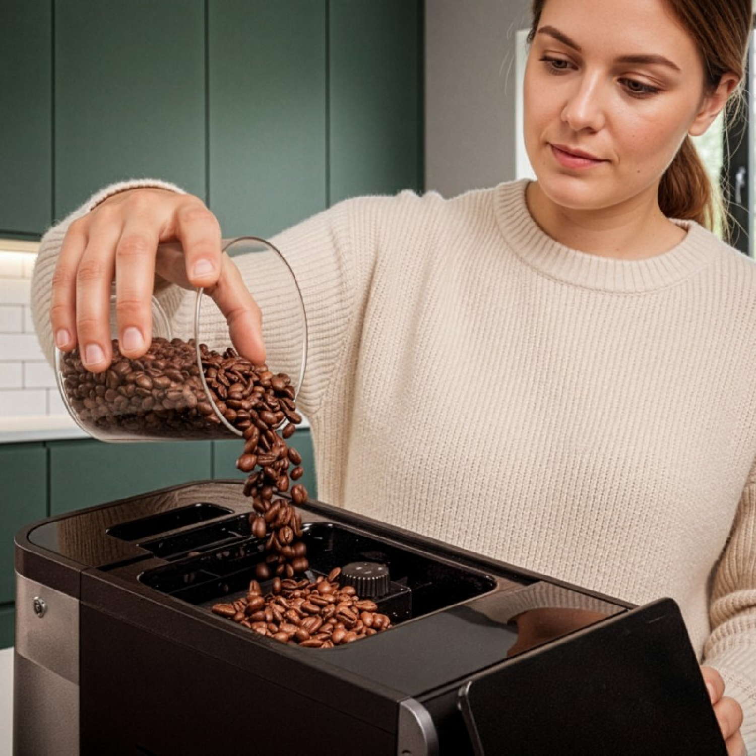Una donna versa i chicchi di caffè da un contenitore di vetro nella macchina.