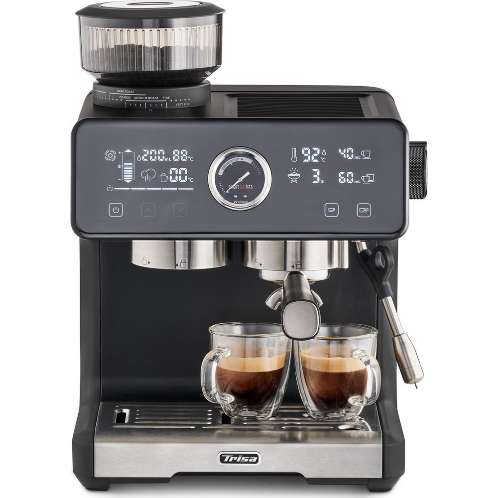 Una macchina da caffè espresso Trisa nera con display digitale, manometro, macinacaffè in alto e due tazze piene.