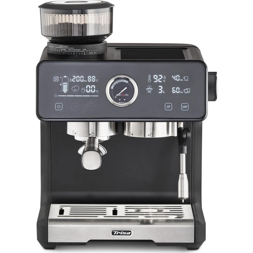 Macchina da caffè nera con macinacaffè integrato, display digitale, manometro e dettagli in acciaio inossidabile.