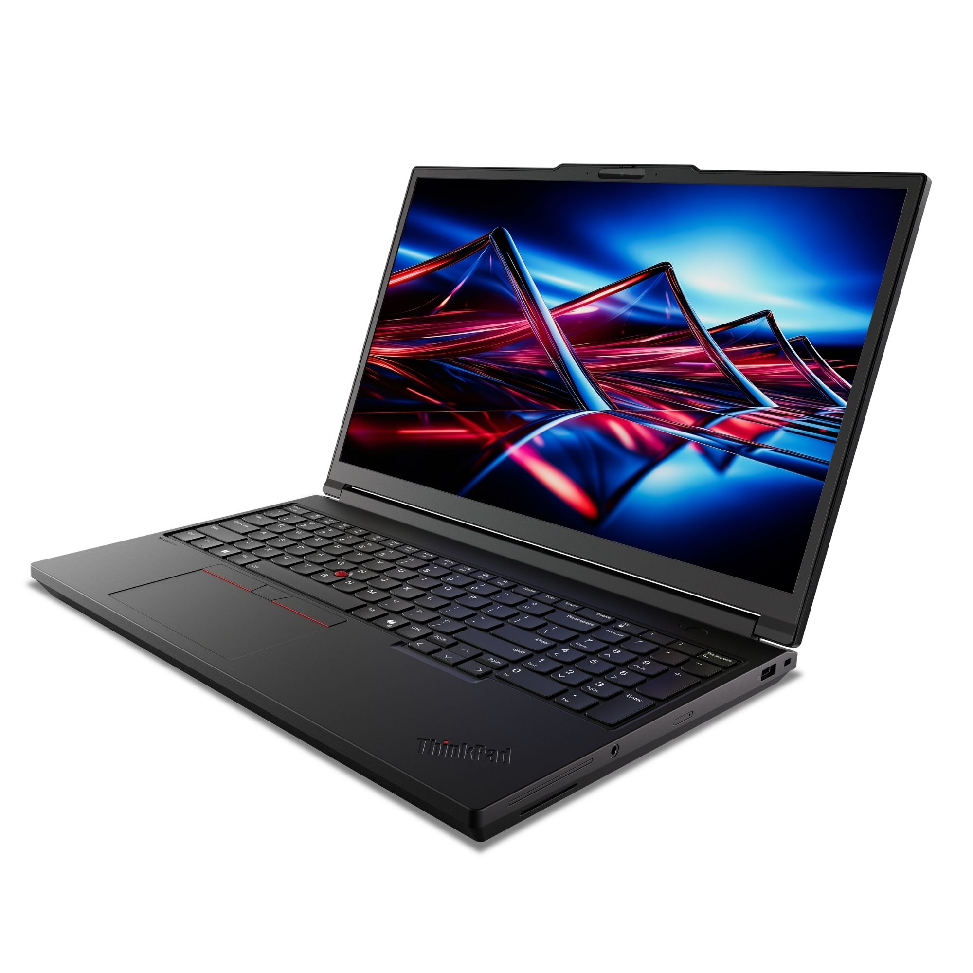 Beyaz arka planda soyut mavi ve kırmızı duvar kağıdına sahip siyah bir ThinkPad dizüstü bilgisayar.
