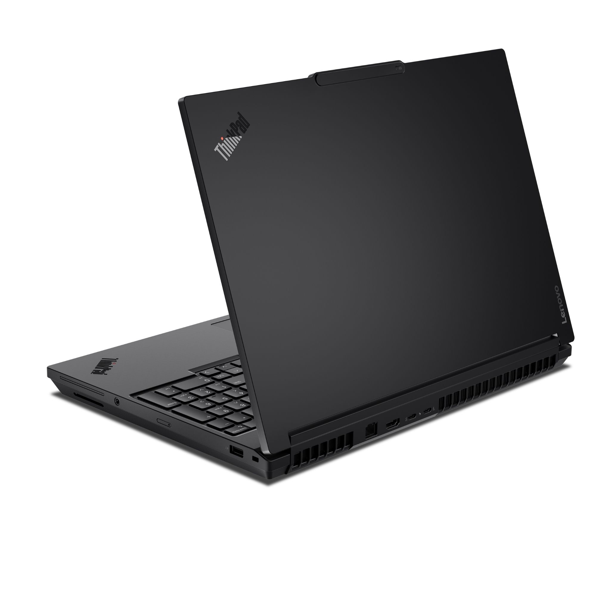 Beyaz bir yüzey üzerinde duran, ekranı açık arkadan açıyla görülen siyah bir Lenovo ThinkPad dizüstü bilgisayar.