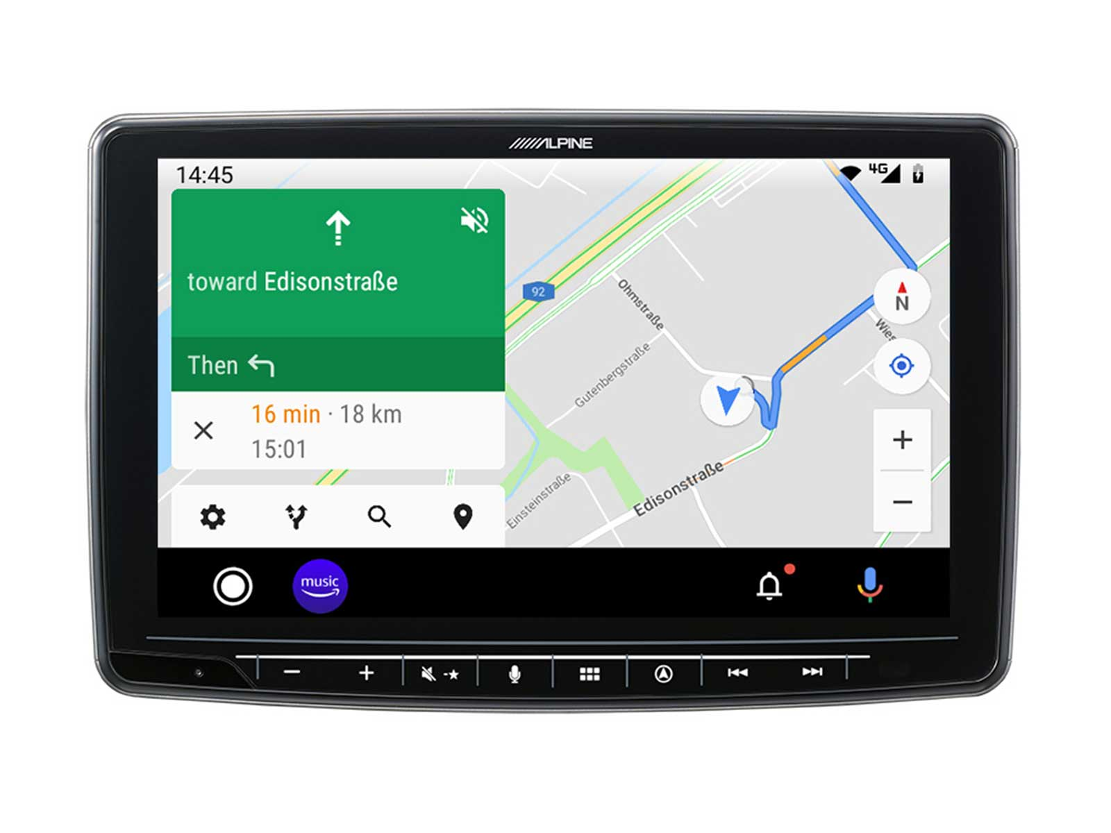 Ein Alpine-Autonavigationsdisplay mit einer Kartenroute zur Edisonstraße, geschätzte 16 Minuten entfernt.