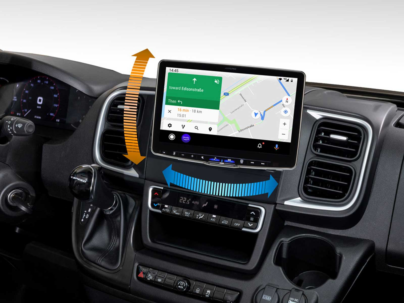 Autoinnenraum mit großem Touchscreen-Navigationsgerät, Klimabedienelementen und Lüftungsschlitzen.