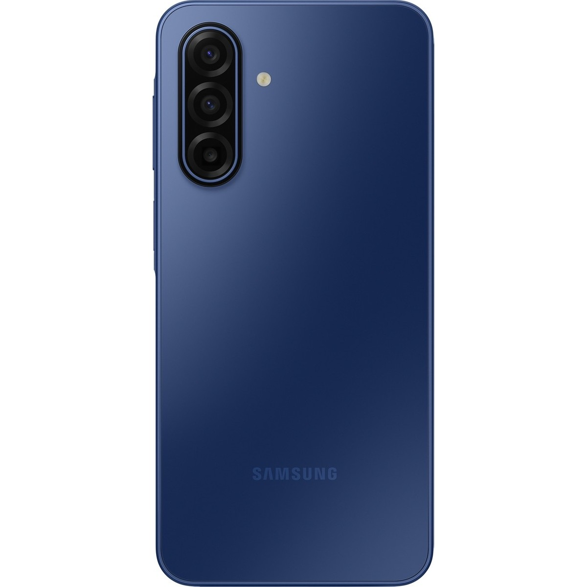 Dikey üçlü kameralı ve Samsung logolu mavi bir akıllı telefonun arkası.