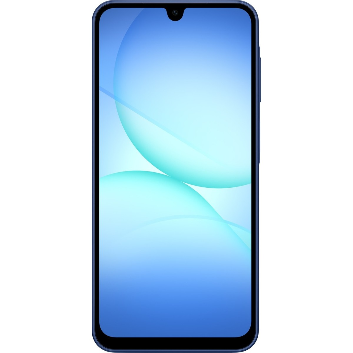 Damla çentikli ve açık mavi, dalgalı soyut arka plana sahip mavi bir akıllı telefon.
