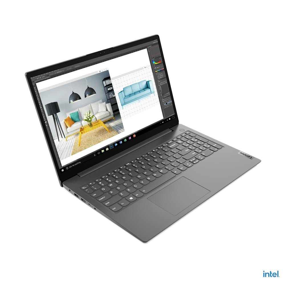 Un computer portatile grigio aperto su fondo bianco con software di design sullo schermo.