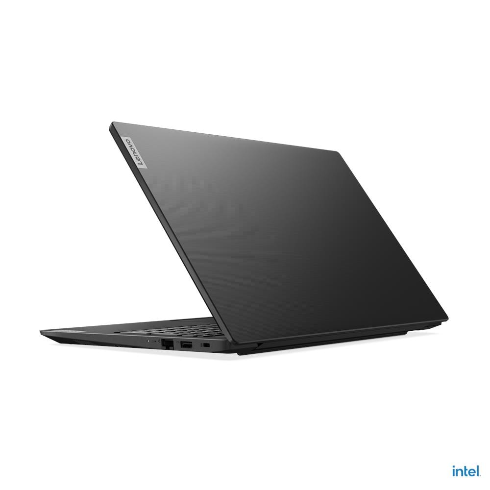 Un laptop Lenovo nero su superficie bianca con logo Intel.