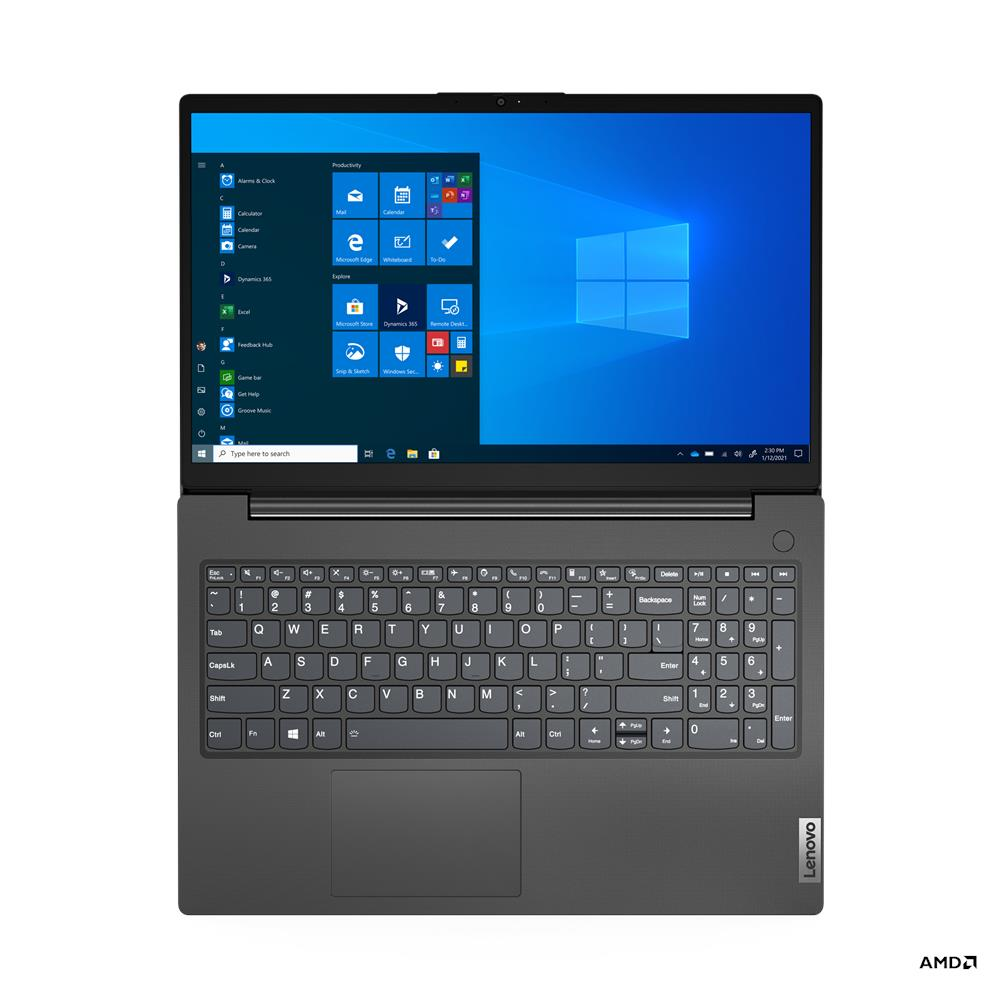 Un laptop Lenovo aperto mostra il desktop di Windows e la tastiera con tastierino numerico.