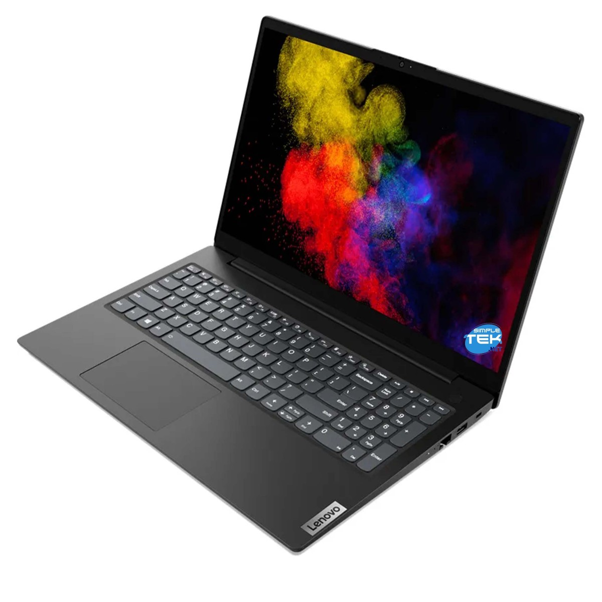 Un laptop Lenovo grigio su sfondo bianco con uno schermo a nuvole di fumo colorate.