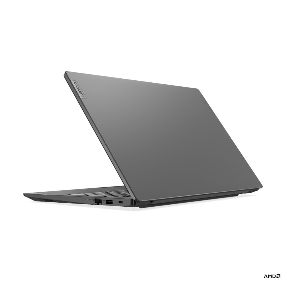 Un laptop Lenovo grigio è inclinato su una superficie bianca con il coperchio aperto.