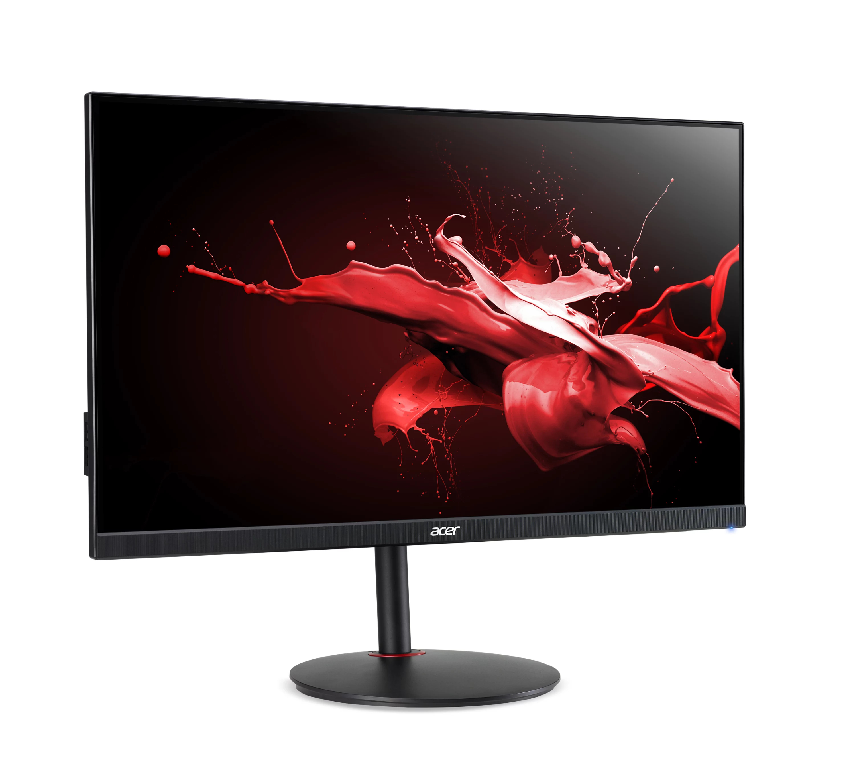 Un monitor Acer con un grafico astratto di schizzi di vernice rossa.