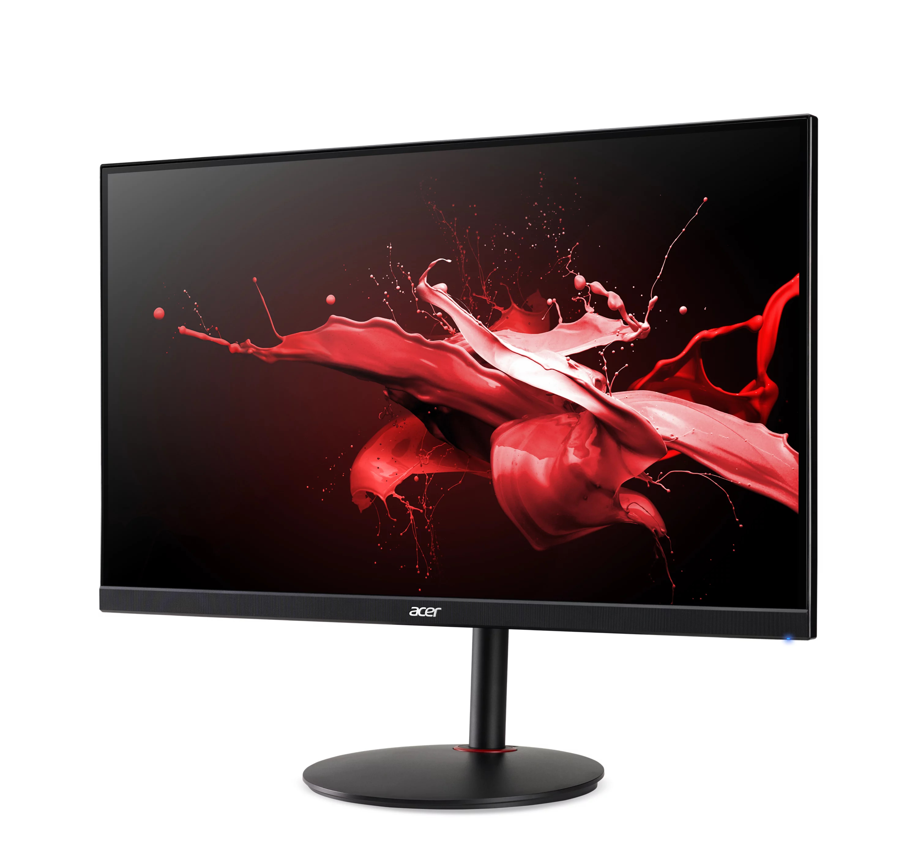Un monitor Acer nero mostra uno sfondo con schizzi di vernice rossa su sfondo bianco.