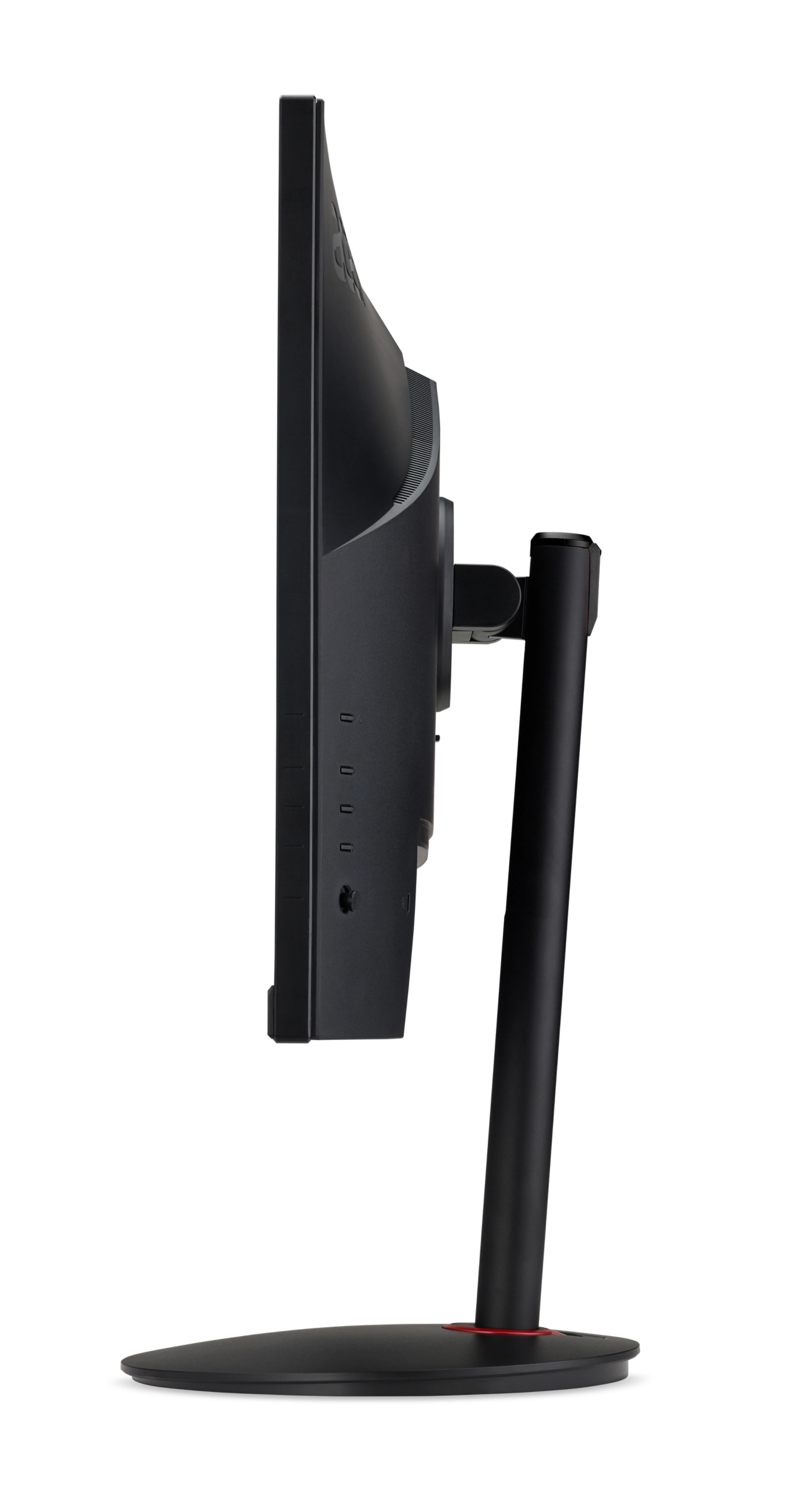 Vista laterale di un monitor per computer nero su supporto rotondo su sfondo bianco.