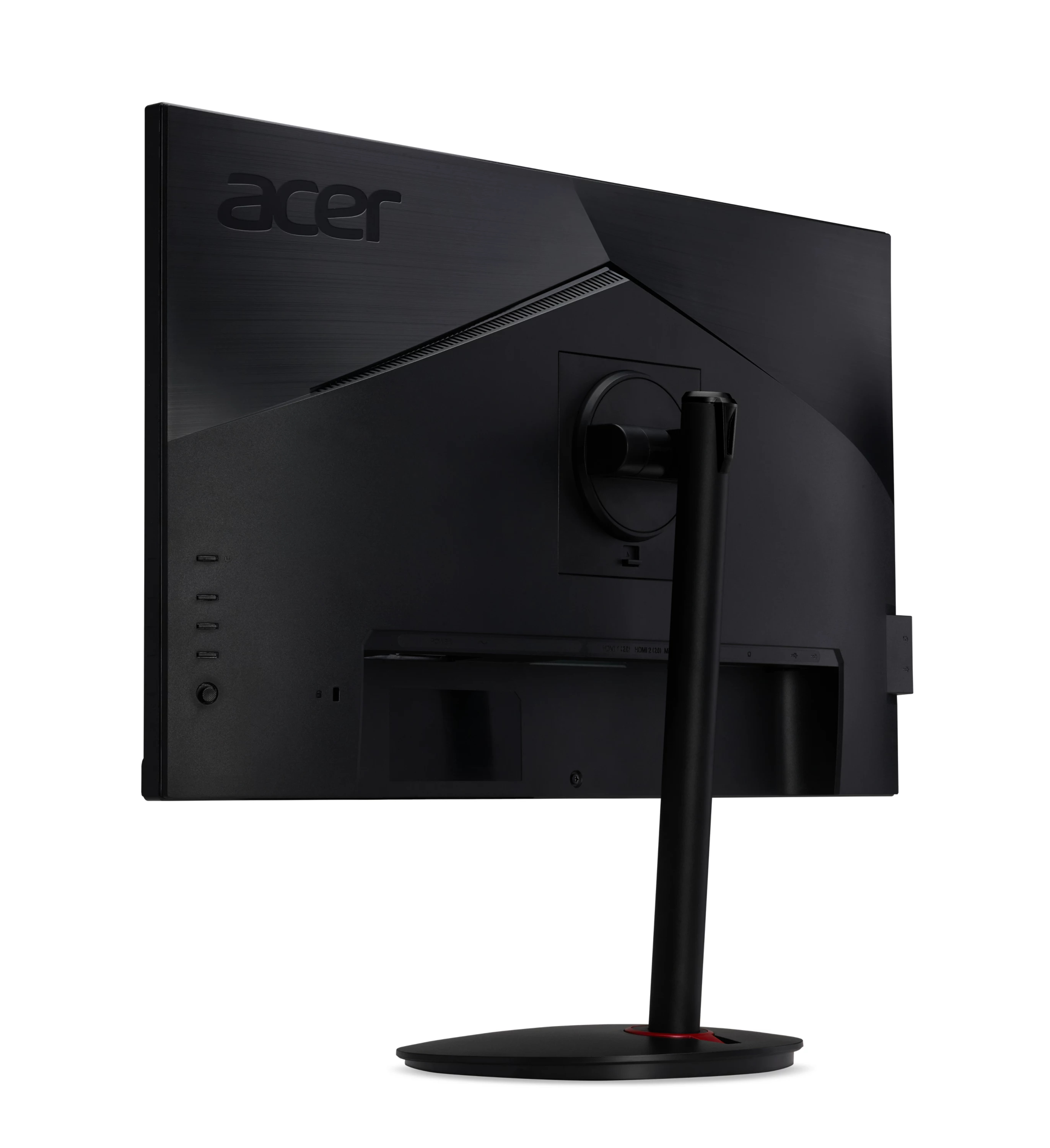 Il retro di un monitor Acer nero che mostra il supporto e le porte.