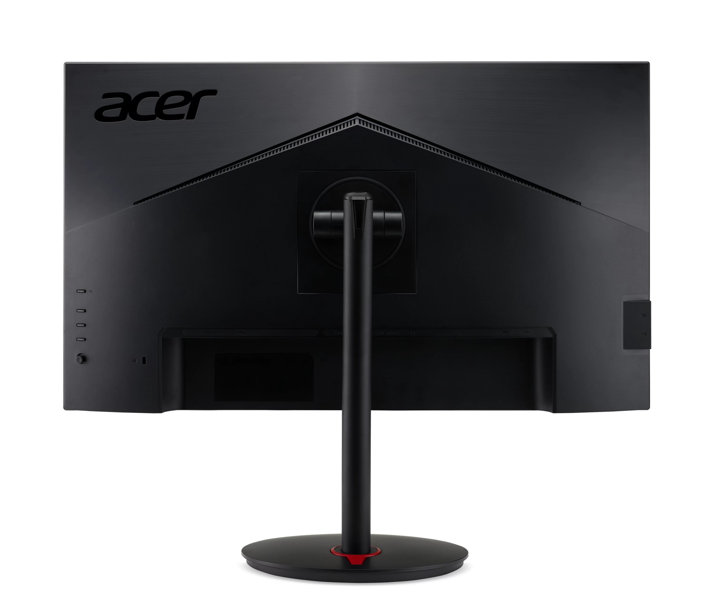 Vista posteriore di un monitor nero Acer con supporto, porte e logo.