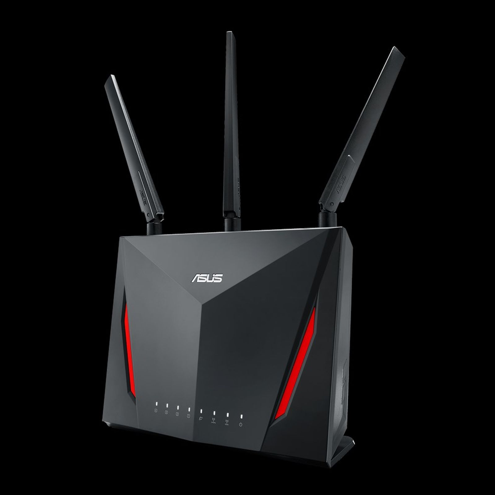 Schwarzer Asus-WLAN-Router mit drei Antennen und rot leuchtenden Akzenten.