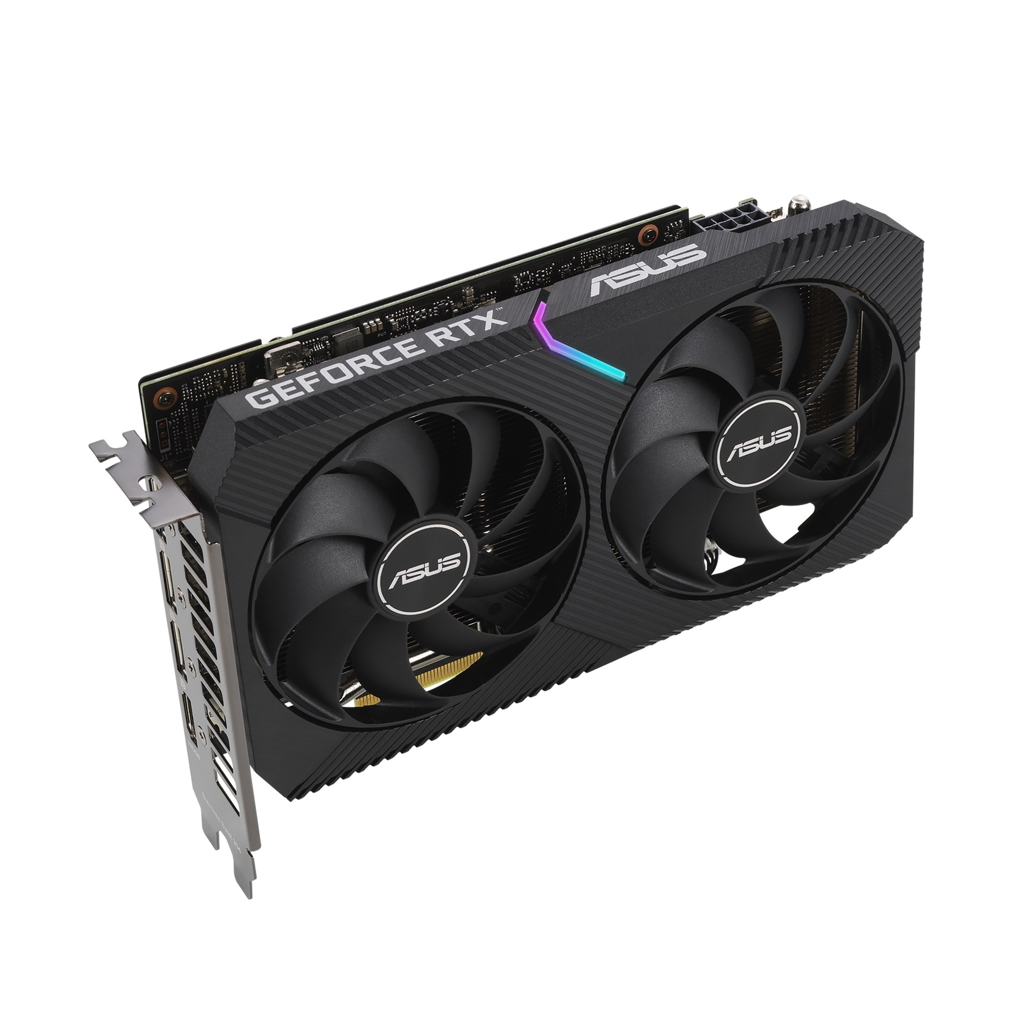 Eine schwarze Asus GeForce RTX Grafikkarte mit zwei Lüftern und RGB-Beleuchtung auf weißem Hintergrund.