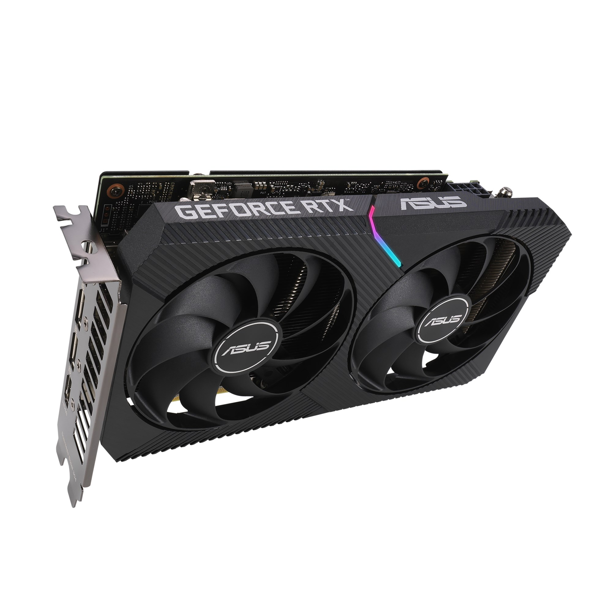 Eine schwarze Asus GeForce RTX Grafikkarte mit zwei Lüftern vor weißem Hintergrund.
