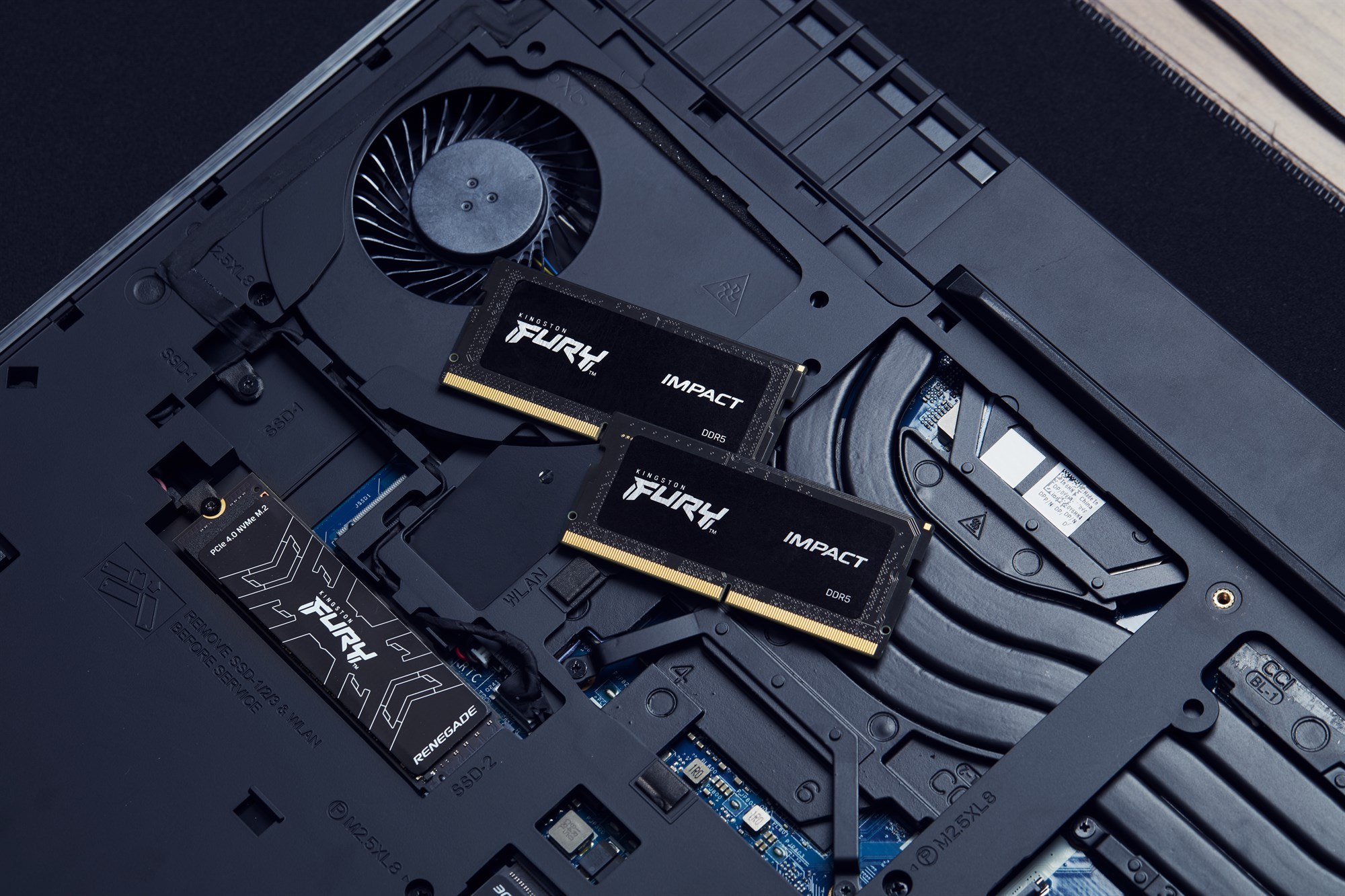 Due banchi di RAM DDR5 Kingston Fury Impact neri e un SSD Kingston Fury posizionati all'interno di un computer portatile aperto.